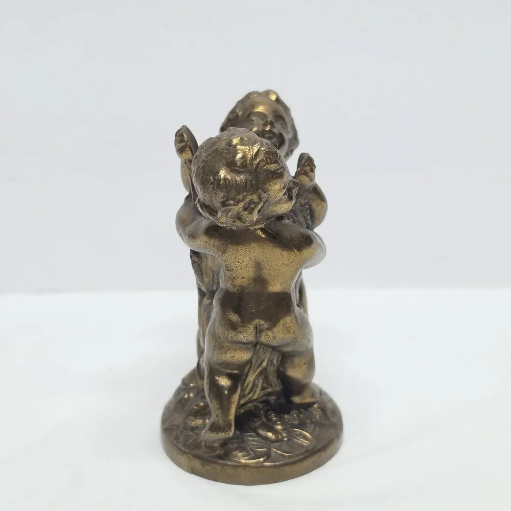 Vintage Metal Bronze Brass Cherub Cupid Gold Tone Candle Stick Holder Romantic